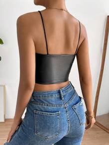 SHEIN Privé Camiseta corta de mujer con tirantes finos, parches de encaje y fruncido en unicolor - Negro - Ver 2