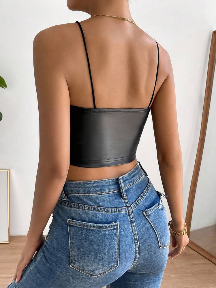 SHEIN Privé Áo hai dây phối ren chắp vá màu trơn dành cho nữ - màu đen - Xem 2
