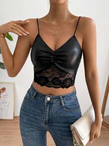 SHEIN Privé Camiseta corta de mujer con tirantes finos, parches de encaje y fruncido en unicolor - Negro - Ver 3