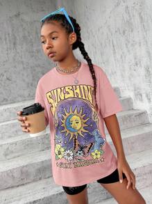 SHEIN Leap Crew Tween 女童加大码太阳与字母印花圆领宽松 T 恤 - 藕粉色 - 查看 1