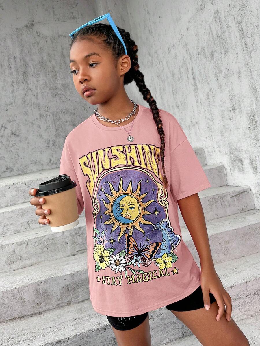 SHEIN Leap Crew Tween 女童加大码太阳与字母印花圆领宽松 T 恤 - 藕粉色 - 查看 1
