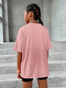 SHEIN Leap Crew Tween 女童加大码太阳与字母印花圆领宽松 T 恤 - 藕粉色 - 查看 2