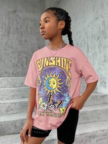 SHEIN Leap Crew Tween 女童加大码太阳与字母印花圆领宽松 T 恤 - 藕粉色 - 查看 3
