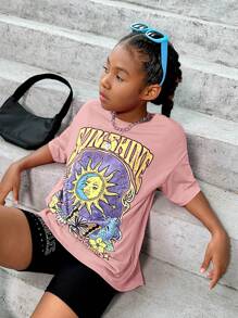 SHEIN Leap Crew Tween 女童加大码太阳与字母印花圆领宽松 T 恤 - 藕粉色 - 查看 4