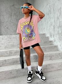 SHEIN Leap Crew Tween 女童加大码太阳与字母印花圆领宽松 T 恤 - 藕粉色 - 查看 5