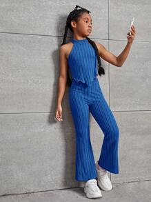 SHEIN 女大童木耳邊繞頸條紋針織上衣&喇叭褲 - 寶藍色 - 查看 1