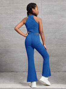 SHEIN 女大童木耳邊繞頸條紋針織上衣&喇叭褲 - 寶藍色 - 查看 2