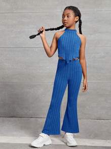 SHEIN 女大童木耳邊繞頸條紋針織上衣&喇叭褲 - 寶藍色 - 查看 3
