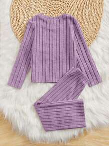 SHEIN Leap Crew Conjunto de hogar con costillas anchas y sólidas para niñas jóvenes, incluye camiseta de punto y pantalones