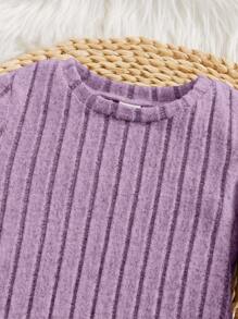 SHEIN Leap Crew Conjunto de hogar con costillas anchas y sólidas para niñas jóvenes, incluye camiseta de punto y pantalones