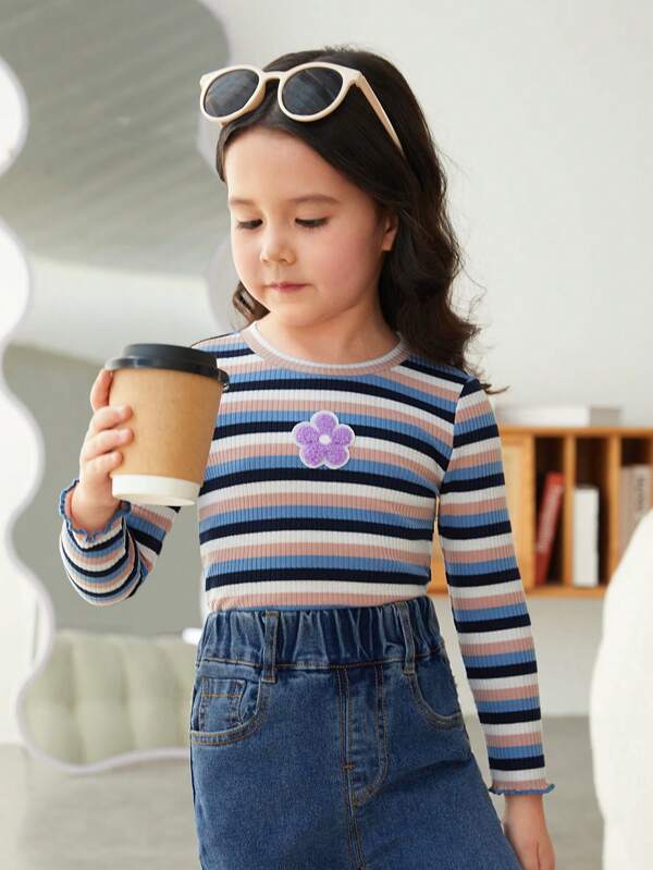 SHEIN Young Girl Floral Patched Striped Print Tee