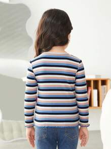 SHEIN Young Girl Floral Patched Striped Print Tee - Multicolor - View 2