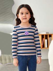 SHEIN Young Girl Floral Patched Striped Print Tee - Multicolor - View 3