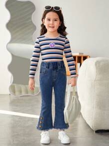 SHEIN Young Girl Floral Patched Striped Print Tee - Multicolor - View 4