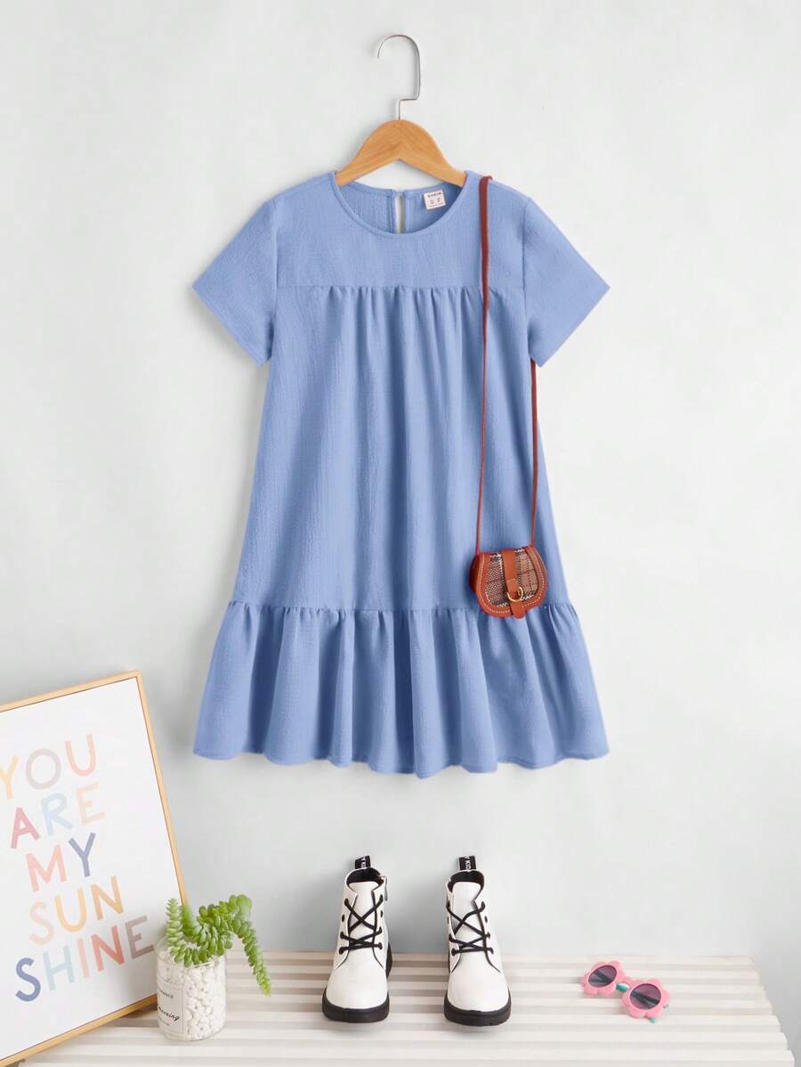 SHEIN Cô gái Tween Chất rắn Xù Hoa Sen Váy Smock Không có túi - Màu xanh bụi bặm - Xem 1