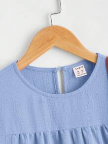 SHEIN Cô gái Tween Chất rắn Xù Hoa Sen Váy Smock Không có túi - Màu xanh bụi bặm - Xem 3