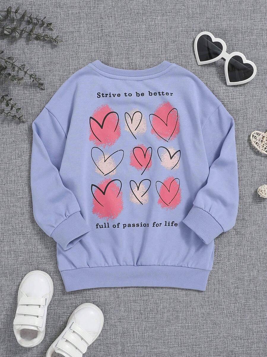 SHEIN 女小童愛心和標語圖案落肩袖運動衫 - 淺藍色 - 查看 1
