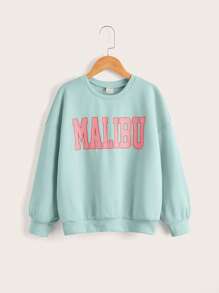 SHEIN Cô gái Tween Đồ họa Chữ cái Thả vai Áo chui đầu - Màu xanh bạc hà - Xem 1