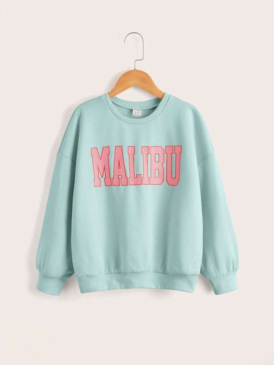 SHEIN Cô gái Tween Đồ họa Chữ cái Thả vai Áo chui đầu - Màu xanh bạc hà - Xem 1