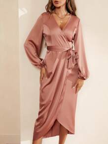 SHEIN Clasi Lantern Sleeve Wrap Belted Satin Dress - Dusty Pink - View 3