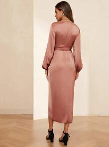 SHEIN Clasi Lantern Sleeve Wrap Belted Satin Dress - Dusty Pink - View 2