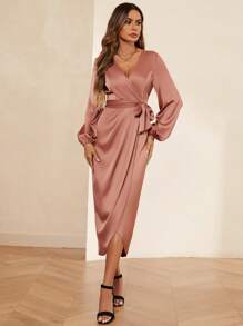 SHEIN Clasi Lantern Sleeve Wrap Belted Satin Dress - Dusty Pink - View 1