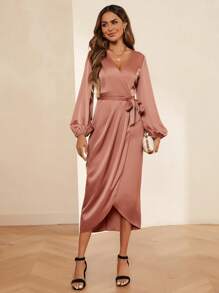 SHEIN Clasi Lantern Sleeve Wrap Belted Satin Dress - Dusty Pink - View 4