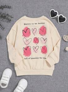 SHEIN 女小童愛心和標語圖案落肩袖運動衫 - 杏色 - 查看 1