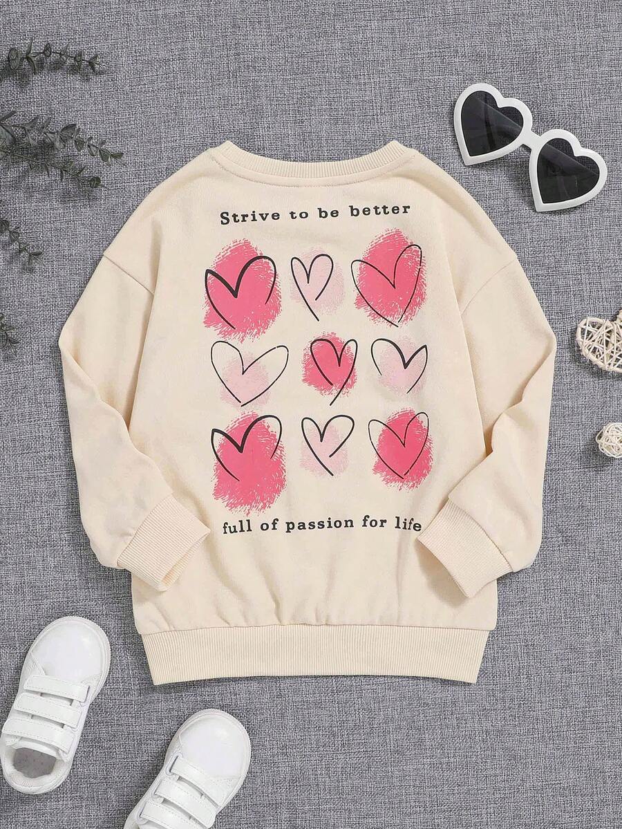 SHEIN 女小童愛心和標語圖案落肩袖運動衫 - 杏色 - 查看 1