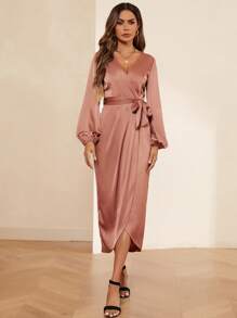 SHEIN Clasi Lantern Sleeve Wrap Belted Satin Dress - Dusty Pink - View 5