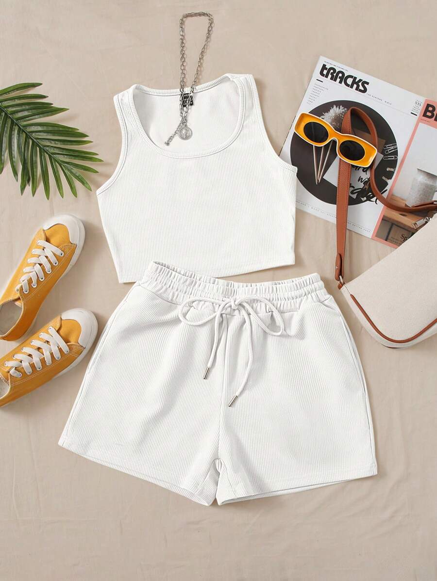 SHEIN EZwear Solid Tank Top & Drawstring Waist Shorts - White - View 1