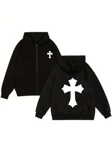Manfinity EMRG Men 1pc Cross Print Zip Up Hoodie - Black - View 1