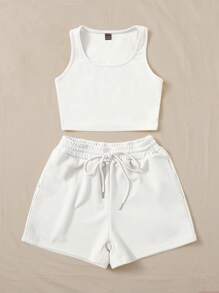 SHEIN EZwear Solid Tank Top & Drawstring Waist Shorts - White - View 3