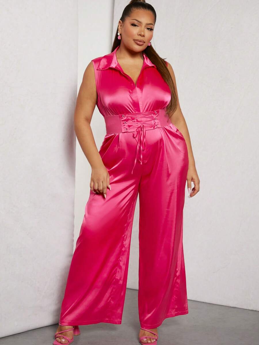 Hauture Plus Corset Wide Leg Satin Jumpsuit - Hot Pink - View 1