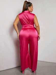 Hauture Plus Corset Wide Leg Satin Jumpsuit - Hot Pink - View 2