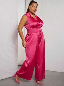 Hauture Plus Corset Wide Leg Satin Jumpsuit - Hot Pink - View 5