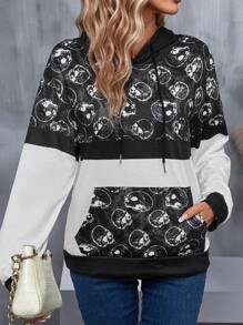 EMERY ROSE Skull Print Kangaroo Pocket Drop Shoulder Drawstring Hoodie - Black and White - View 1