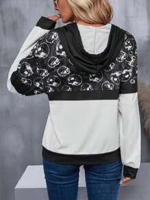 EMERY ROSE Skull Print Kangaroo Pocket Drop Shoulder Drawstring Hoodie - Black and White - View 2