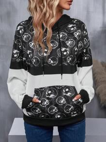 EMERY ROSE Skull Print Kangaroo Pocket Drop Shoulder Drawstring Hoodie - Black and White - View 3