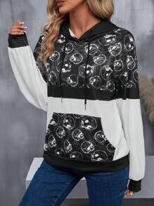 EMERY ROSE Skull Print Kangaroo Pocket Drop Shoulder Drawstring Hoodie - Black and White - View 4