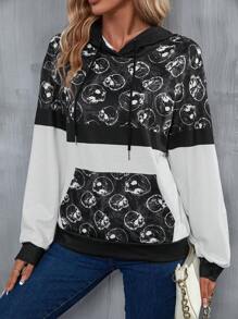 EMERY ROSE Skull Print Kangaroo Pocket Drop Shoulder Drawstring Hoodie - Black and White - View 5
