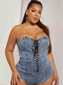 Denimoi Bộ đồ liền thân denim ống gợi cảm buộc dây cỡ lớn - Rửa trung bình - Xem 1