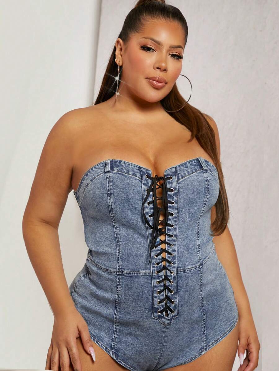 Denimoi Bộ đồ liền thân denim ống gợi cảm buộc dây cỡ lớn - Rửa trung bình - Xem 1