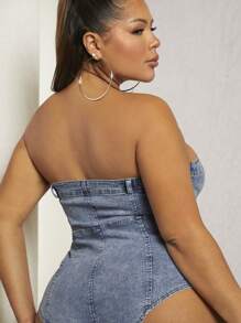 Denimoi Bộ đồ liền thân denim ống gợi cảm buộc dây cỡ lớn - Rửa trung bình - Xem 2