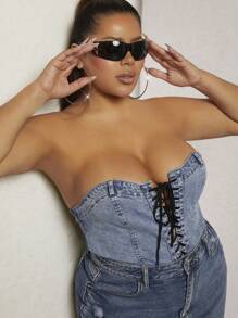 Denimoi Bộ đồ liền thân denim ống gợi cảm buộc dây cỡ lớn - Rửa trung bình - Xem 4