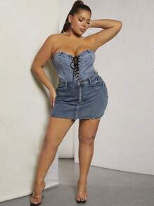 Denimoi Bộ đồ liền thân denim ống gợi cảm buộc dây cỡ lớn - Rửa trung bình - Xem 5