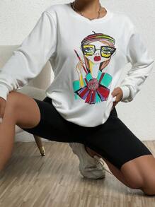 SHEIN Unity 人像圖案落肩袖運動衫 - 白色 - 查看 1