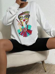 SHEIN Unity 人像圖案落肩袖運動衫 - 白色 - 查看 4