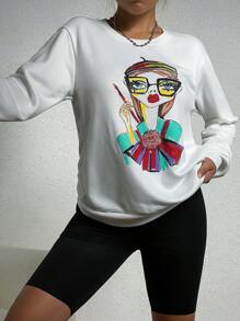 SHEIN Unity 人像圖案落肩袖運動衫 - 白色 - 查看 5