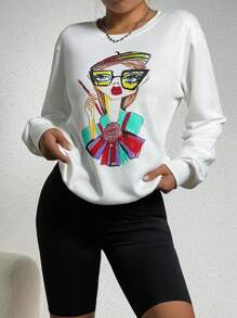 SHEIN Unity 人像圖案落肩袖運動衫 - 白色 - 查看 6